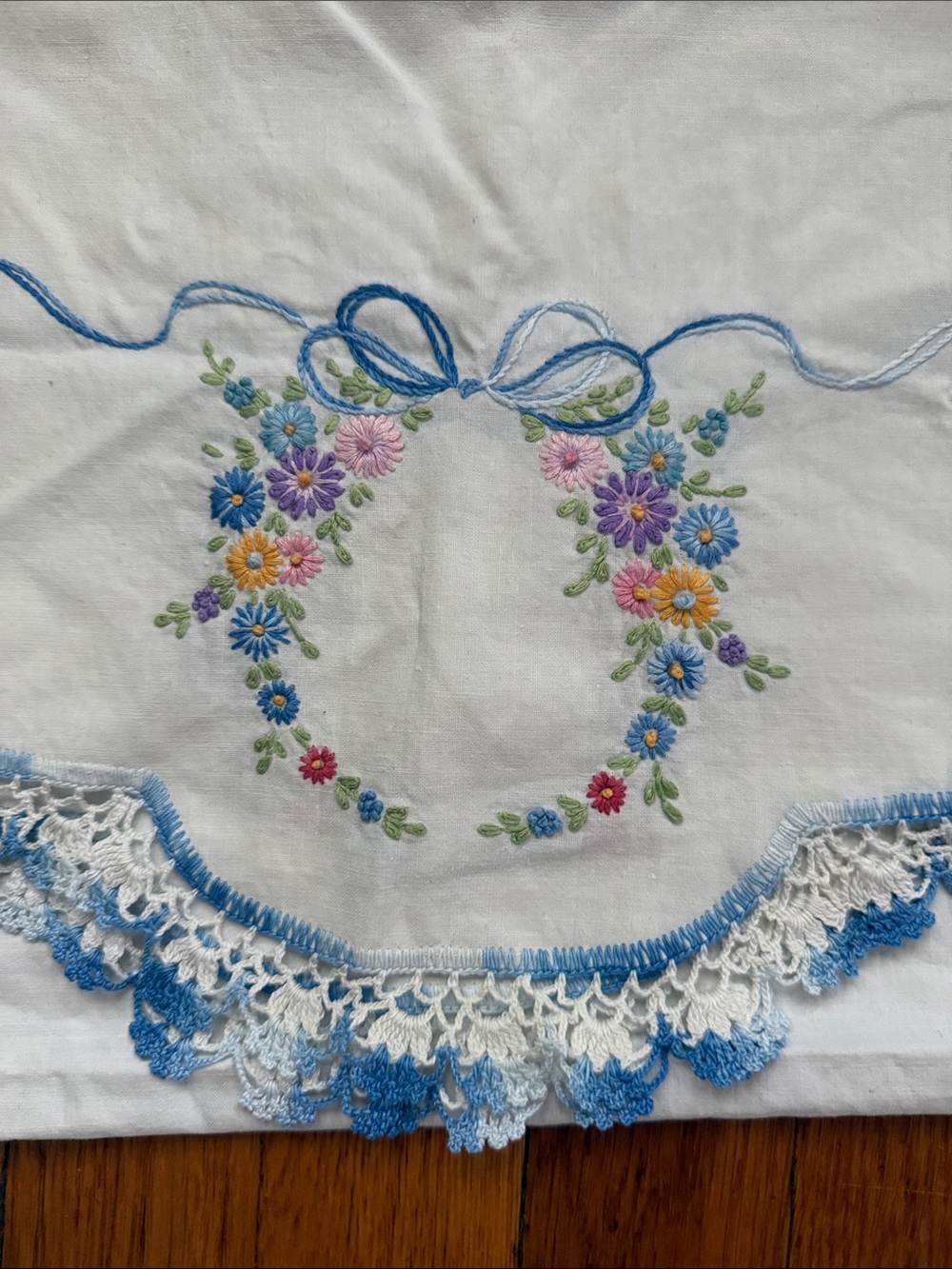 Vintage floral crown spring Ostera embroidered linen tea towel table runner